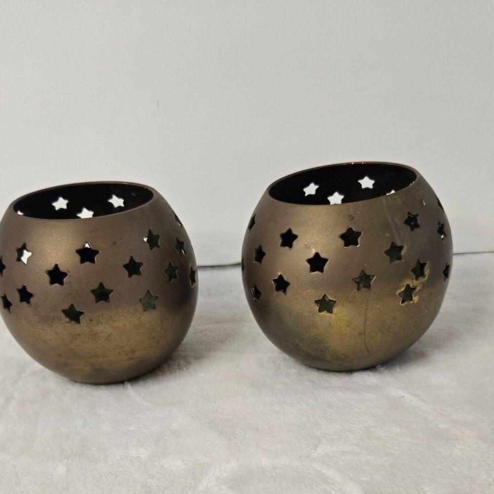 Pair of Brass Star Cutout Tea Light Candle Holders –Vintage Boho Celestial Decor